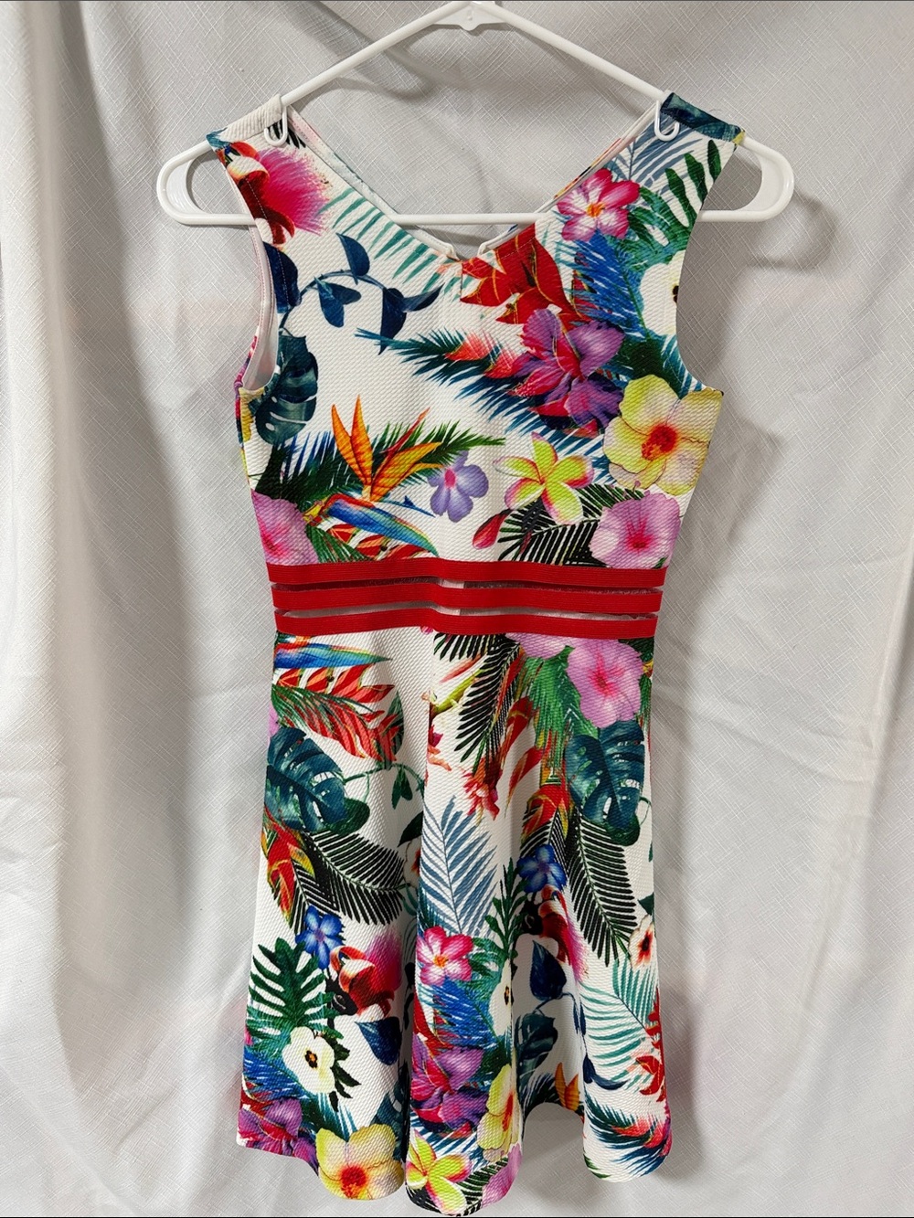 Blush by Us Angels White Floral Midi Dress with Red Waistband